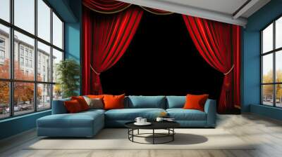 black background curtain draped theater stage red bright light graphic broadway concert announcement admission acting culture recital production play entrance entertainment elegant Wall mural