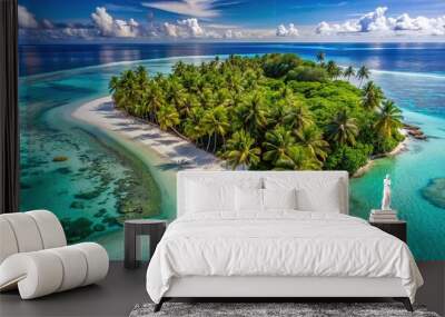 Breathtaking aerial view of a serene tropical island with powdery white sandy beach, swaying palm trees, and crystal-clear turquoise water surrounded by coral reef. Wall mural