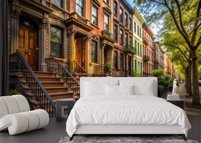 Brownstones with ornate stoops and historic facades line a picturesque Brooklyn street, showcasing classic New York architecture and urban charm in the morning light. Wall mural