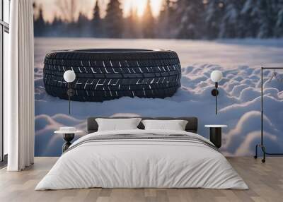 car group tires winter d tire tyre wheel snow snowy ice automobile automotive new shiny rim set stack 4 studio object isolated white background black rubber auto road transportation Wall mural