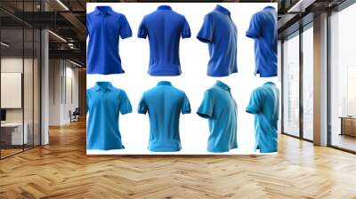 2 Set of dark and light blue aqua front, back and side view collar polo tee shirt on transparent background cutout, PNG file. Mockup template for artwork graphic design. Wall mural