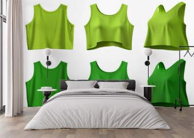 2 Set of dark light green lime woman loose cropped midriff sleeveless tank singlet tee t shirt round neck, front back side view on transparent background cutout PNG. Mockup template for artwork design Wall mural