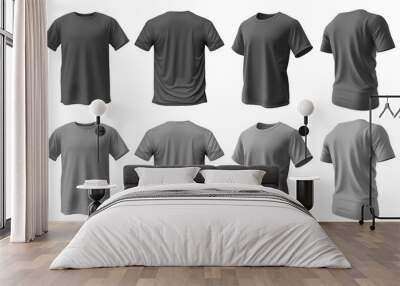 2 set of dark light grey tee t shirt round neck front, back and side view on transparent background  Wall mural