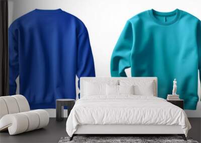 2 Set of light dark blue aqua front and back view tee sweatshirt sweater long sleeve on transparent background cutout, PNG file. Mockup template for artwork graphic design Wall mural