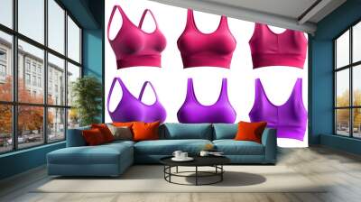 2 Set of magenta purple pink, front back side view, sports exercise bra tank crop top on transparent background cutout, PNG file. Mockup template for artwork graphic design Wall mural