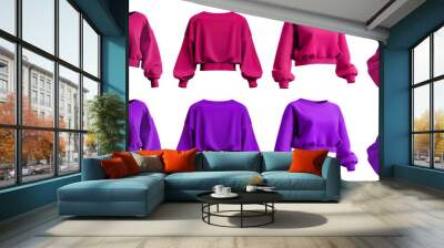 2 Set of magenta purple pink woman cropped oversized Drop Shoulder sweatshirt jumper sweater long sleeve, front back side on transparent cutout, PNG file. Mockup template for artwork design Wall mural