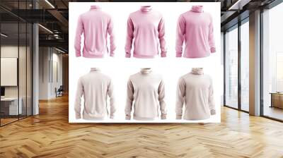 2 Set of men pastel light pink beige cream long sleeve turtleneck roll High neck top sweater tee t-shirt, front back side view on transparent cutout PNG file. Mockup template for artwork design Wall mural