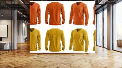 2 Set of men yellow orange mustard front, back and side view V neck long sleeve tee shirt t-shirt on transparent background cutout, PNG file. Mockup template for artwork graphic design Wall mural