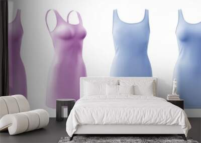 2 Set of pastel light blue purple bodycon sleeveless basic everyday tank tee dress round neck, front back side view on transparent background cutout, PNG file. Mockup template for artwork design Wall mural