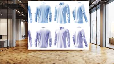 2 Set of pastel light blue purple violet, front back and side view collar polo tee shirt on transparent background cutout, PNG file. Mockup template for artwork graphic design Wall mural