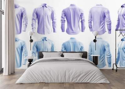 2 Set of pastel light blue purple violet button up long sleeve collar shirt front, back and side view on transparent background cutout, PNG file. Mockup template for artwork graphic design	
 Wall mural