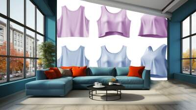 2 Set of pastel light blue purple woman loose cropped midriff sleeveless tank singlet tee t shirt round neck, front back side view on transparent cutout PNG. Mockup template for artwork design Wall mural