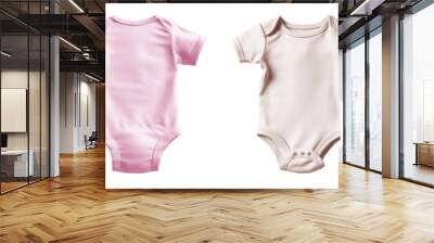 2 Set of pastel light pink beige, infant baby Bodysuit romper playsuit jumpsuit creepers, front back view on transparent background cutout, PNG file. Mockup template for artwork graphic design Wall mural