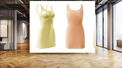 2 Set of pastel light yellow orange bodycon sleeveless basic everyday tank tee dress round neck, front back side view on transparent background cutout, PNG file. Mockup template for artwork design Wall mural