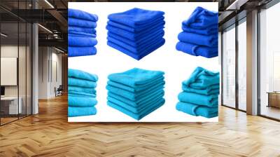 2 Set of pile stack heap of folded crumpled dark light blue turquoise bath towel rug on transparent background cutout, PNG file. Mockup template for artwork graphic design Wall mural