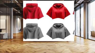 2 Set of red maroon grey gray woman cropped midriff hoodie hoody hooded oversized flare short sleeve sweatshirt jumper sweater, front back side view on transparent PNG. Mockup template for artwork Wall mural