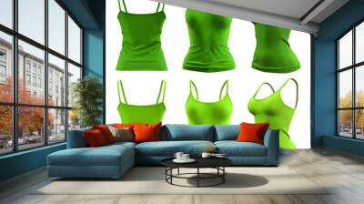 2 Set of woman dark light green lime, front, back and side view Spaghetti thin strappy Strap Camisole tank cami Top on transparent cutout, PNG file. Mockup template for artwork graphic design Wall mural