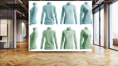 2 Set of woman pastel green turquoise long sleeve turtleneck roll High neck top sweater tee t-shirt, front back side view on transparent cutout PNG file. Mockup template for artwork design

 Wall mural