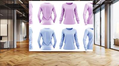 2 Set of woman pastel light blue purple front, back and side view round neck long sleeve tee shirt t-shirt on transparent background cutout, PNG file. Mockup template for artwork graphic design Wall mural