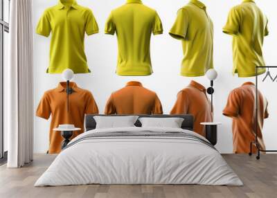 2 Set of yellow orange grey front, back and side view collar polo tee shirt on transparent background cutout, PNG file. Mockup template for artwork graphic design.  Wall mural