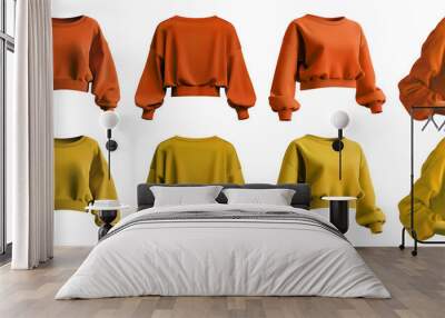 2 Set of yellow orange mustard woman cropped oversized Drop Shoulder sweatshirt jumper sweater long sleeve, front back side on transparent cutout, PNG file. Mockup template for artwork design Wall mural