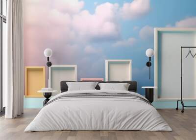 Abstract minimal concept. Pastel multi colour background with empty blank photo frames, abstract clouds landscape. Mock up template for product presentation. copy text space Wall mural