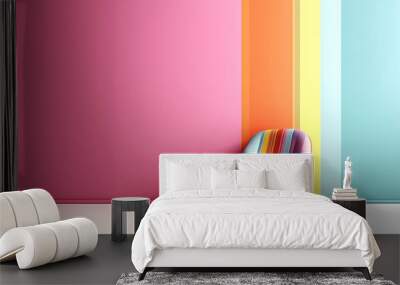 Abstract minimal concept. Pastel multi colour vibrant groovy retro striped background wall frame with bright armchair decor. Mock up template for product presentation. 3D rendering. copy text space Wall mural