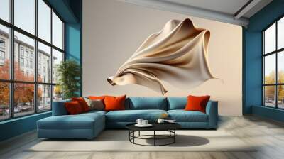 Beautiful light pastel beige nude silk cloth floating flying in the air. With copy text space. Mock up template for product presentation.  Wall mural