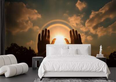 Christian religious concept. Silhouette Hands touching reaching for sunset with glow and ray of the sun. crucifixion pray, Biblical bible theme concept banner with copy text space Wall mural