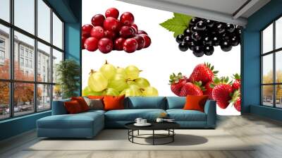 Collection of berry berries family fruits in pile group cluster, blackcurrant, cranberry, gooseberry, strawberry on transparent background cutout, PNG file. Mockup template for artwork design Wall mural