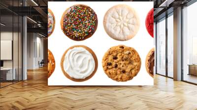 Collection of round cookie cookies biscuit, sprinkle and icing set, on transparent background cutout. PNG file. Many assorted different flavour. Mockup template for artwork design Wall mural