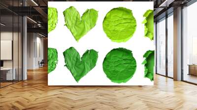 Collection set of dark light green lime crumpled crushed scrunched torn paper heart love, circle round shape on transparent cutout, PNG file. Many different design. Mockup template artwork graphic Wall mural