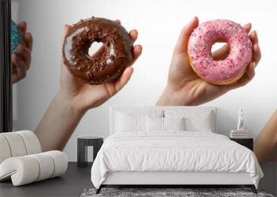 Collection set of hand holding round donut doughnut on transparent background cutout, PNG file. Mockup template for artwork graphic design Wall mural