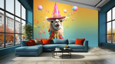 Creative animal concept. Alpaca in party cone hat necklace bowtie outfit isolated on solid pastel background advertisement, copy text space. birthday party invite invitation Wall mural