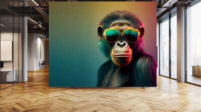 Creative animal concept. Ape in sunglass shade glasses isolated on solid pastel background, commercial, editorial advertisement, surreal surrealism.  Wall mural