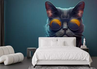 Creative animal concept. Black cat kitty kitten in sunglass shade glasses isolated on solid pastel background, commercial, editorial advertisement, surreal surrealism.  Wall mural