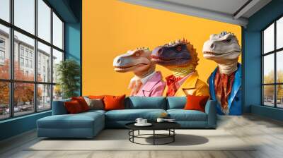 Creative animal concept. Dinosaur dino in a group, vibrant bright fashionable outfits isolated on solid background advertisement, copy text space. birthday party invite invitation banner  Wall mural