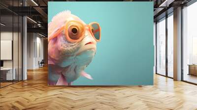 Creative animal concept. Fish in sunglass shade glasses isolated on solid pastel background, commercial, editorial advertisement, surreal surrealism Wall mural