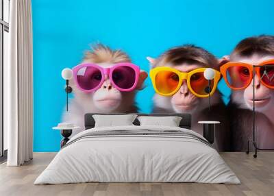 Creative animal concept. Group of monkey friends in sunglass shade glasses isolated on solid pastel background, commercial, editorial advertisement, copy text space Wall mural