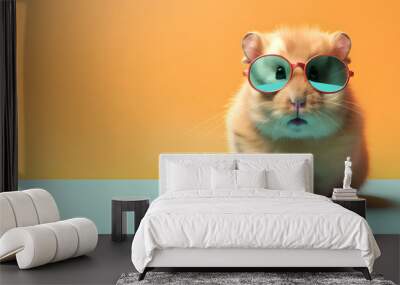 Creative animal concept. Hamster in sunglass shade glasses isolated on solid pastel background, commercial, editorial advertisement, surreal surrealism Wall mural