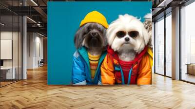 Creative animal concept. Havanese dog puppy in a group, vibrant bright fashionable outfits isolated on solid background advertisement, copy text space. birthday party invite invitation banner Wall mural