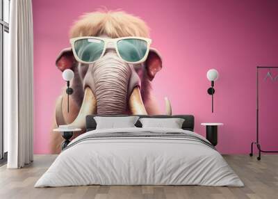 Creative animal concept. Mammoth in sunglass shade glasses isolated on solid pastel background, commercial, editorial advertisement, surreal surrealism Wall mural