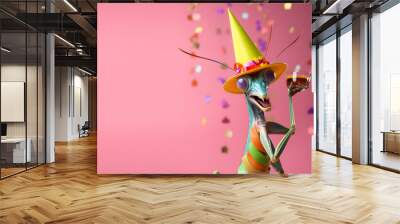 Creative animal concept. Praying mantis in party cone hat necklace bowtie outfit isolated on solid pastel background advertisement, copy text space. birthday party invite invitation  Wall mural