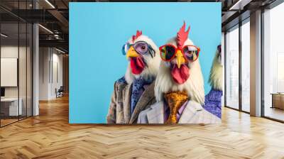 Creative animal concept. Rooster bird in a group, vibrant bright fashionable outfits isolated on solid background advertisement, copy text space. birthday party invite invitation banner Wall mural