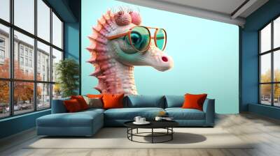 Creative animal concept. Seahorse in sunglass shade glasses isolated on solid pastel background, commercial, editorial advertisement, surreal surrealism.	 Wall mural