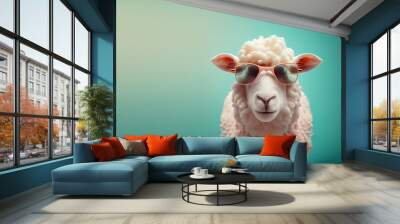 Creative animal concept. Sheep lamb in sunglass shade glasses isolated on solid pastel background, commercial, editorial advertisement, surreal surrealism. Wall mural