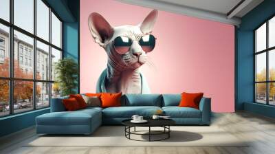 Creative animal concept. Sphynx Cat Kitten in sunglass shade glasses isolated on solid pastel background, commercial, editorial advertisement, surreal surrealism.	
 Wall mural