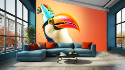 Creative animal concept. Toucan hornbill bird in party cone hat necklace bowtie outfit isolated on solid pastel background advertisement, copy text space. birthday party invite invitation	
 Wall mural