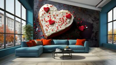 Creative food concept. Heart shape white sugar icing frosting chocolate cake with red love sprinkle flake on rustic industrial table background. copy text space Wall mural