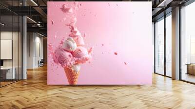 Creative food template. Soft serve gelato vanilla strawberry ice cream splashing bursting flying on pastel pink background. magazine, banner, advertisement. copy text space Wall mural